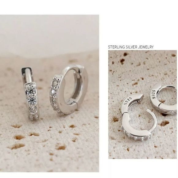 Luxury CZ Diamond 925 Silver Hoop Pierced Earrings - Picture 7 of 10